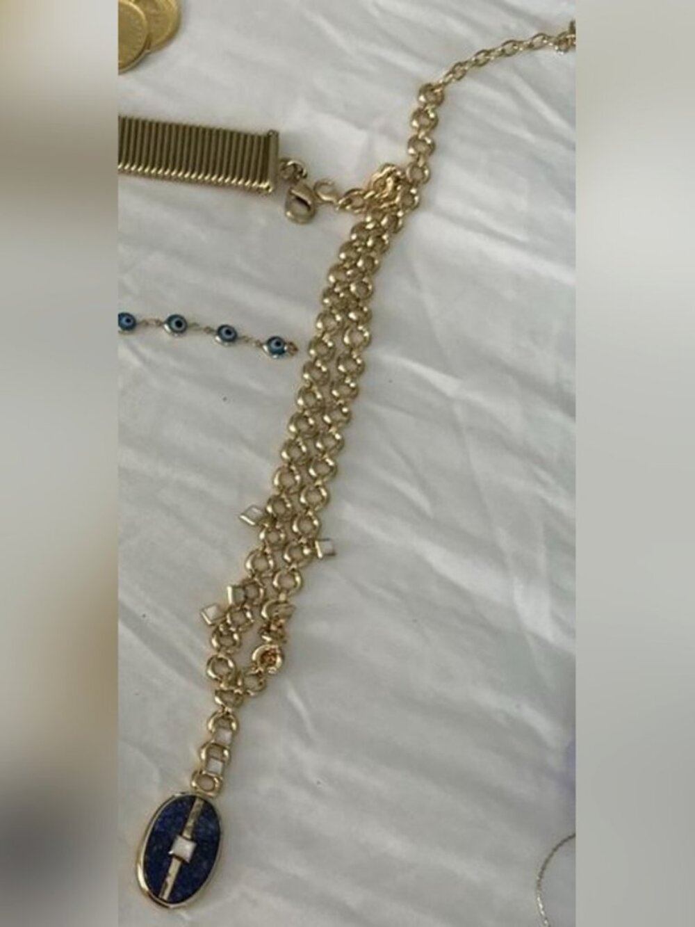 Gold Chain Necklace with Lapis-Style Oval Pendant